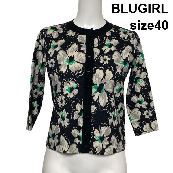 ◆ ブルーガール BLUGIRL フローラル柄カーディガン ニット 七分袖 クルーネック 花柄 黒 毛100％ 40 S～M 7～9号 レディース S 6 A 143