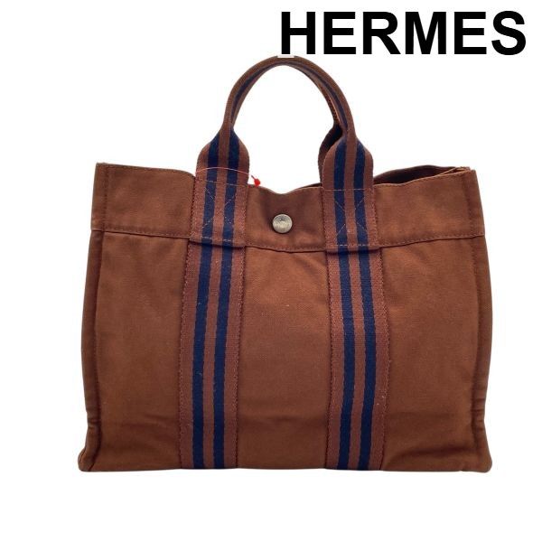 ● エルメス HERMES フールトゥ Fourre Tout PM トートバッグ ミニトート ハンドバッグ ブラウン ネイビー コットン100％ レディース 6 D 013