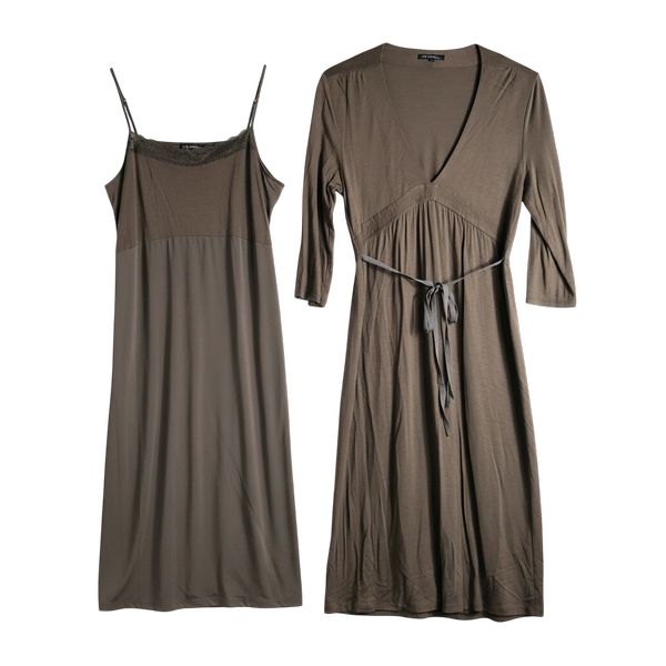 ニジュウサンク 23区 ワンピース インナー付き Vネック ウエストリボン付き ブラウン 984618