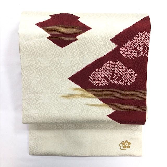 きものキレイ 名古屋帯 オフホワイト 生成 絞り 松皮菱 絹 リユース secondhand N 072