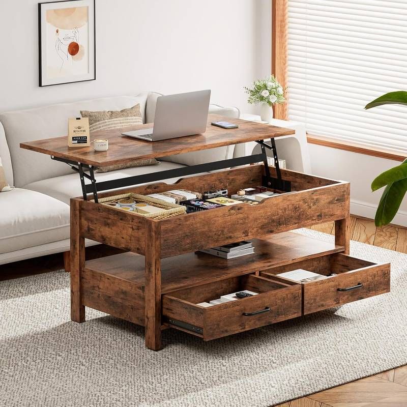 ローテーブル 昇降式 木製 コーヒーテーブル 引き出し付き 収納付き