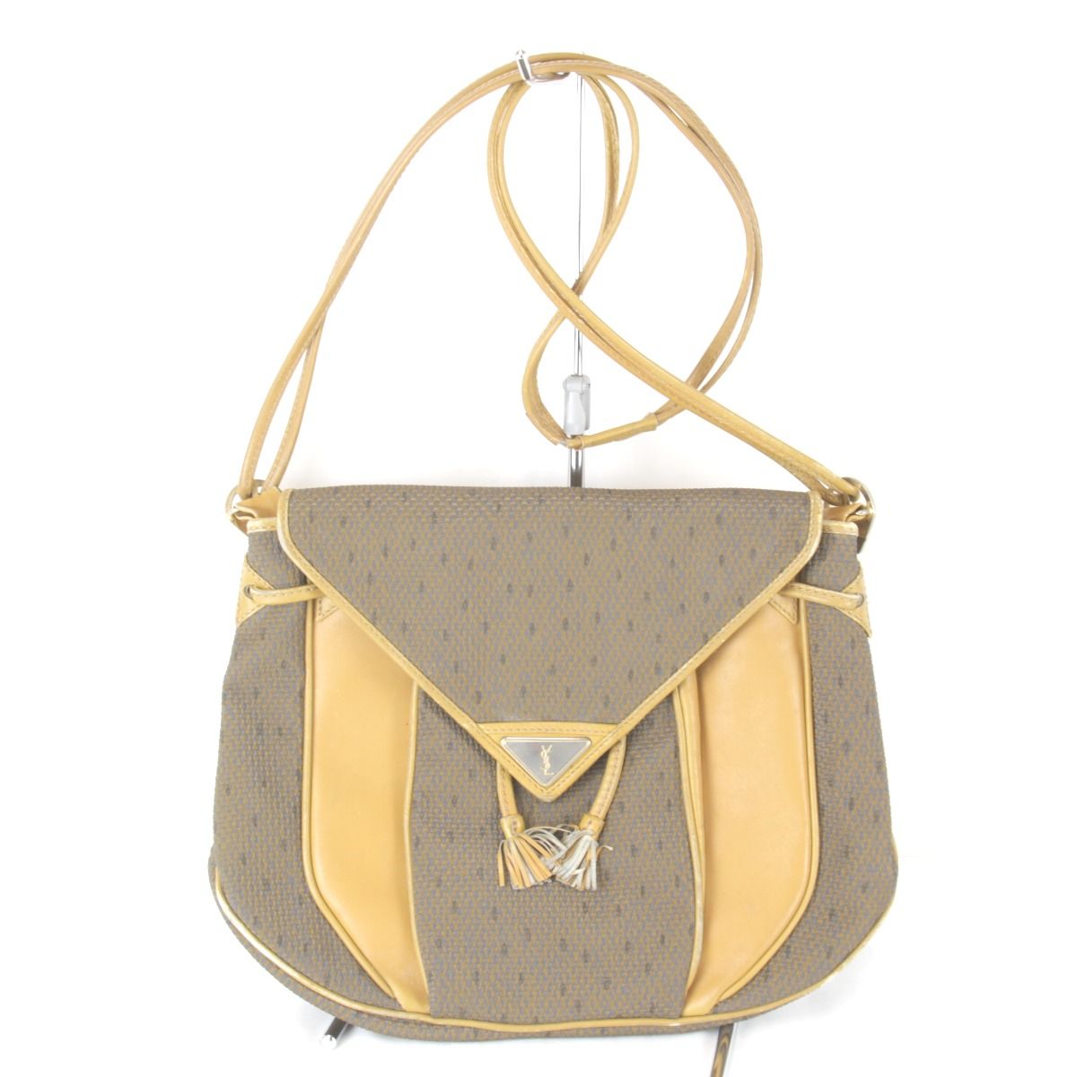 イヴ サンローラン ヴィンテージ タッセル ショルダーバッグ キャンバス|レザー ベージュ