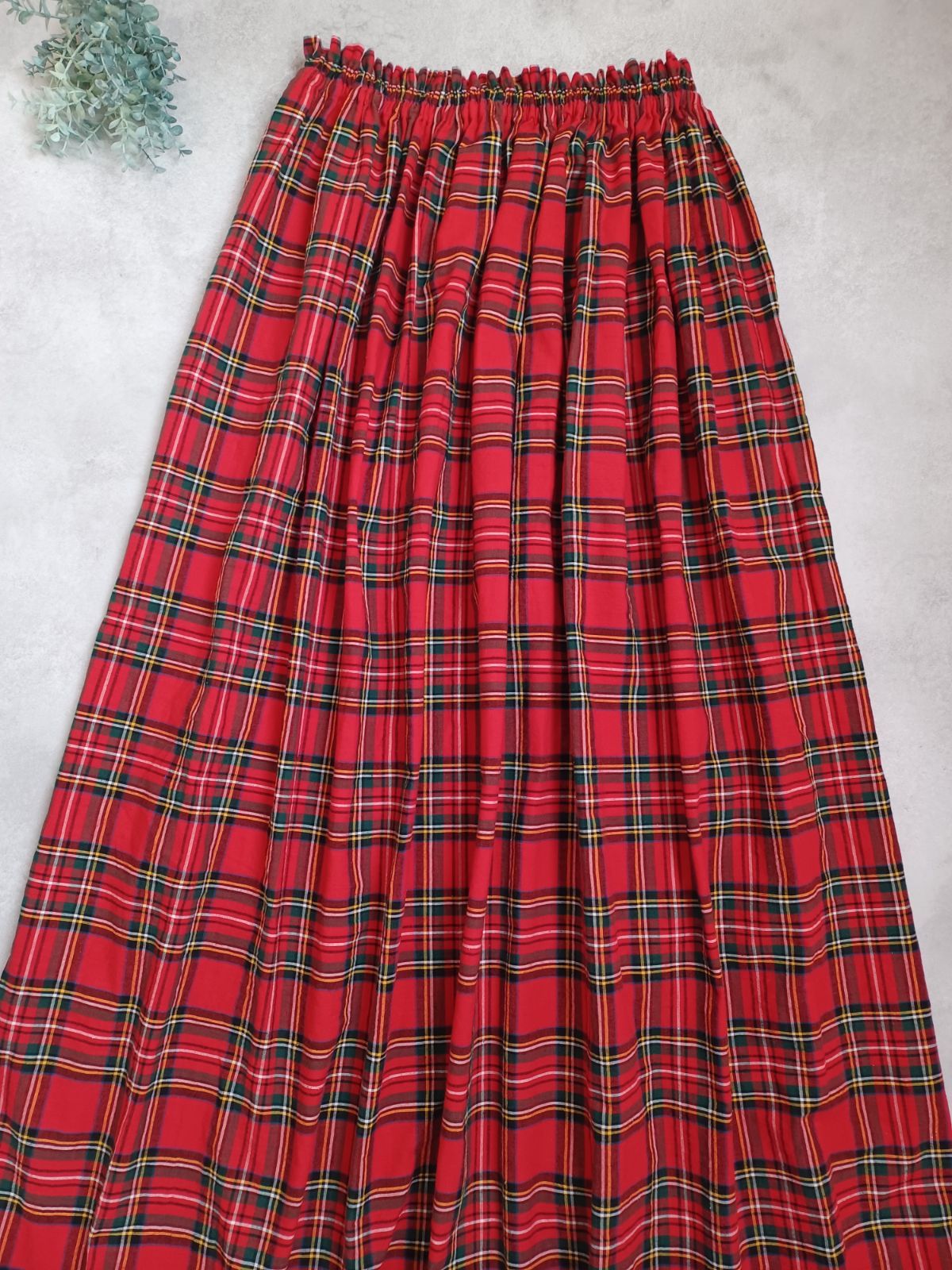 綿麻 タータンチェック ギャザースカート 赤 ロング～マキシ対応 コットンリネン