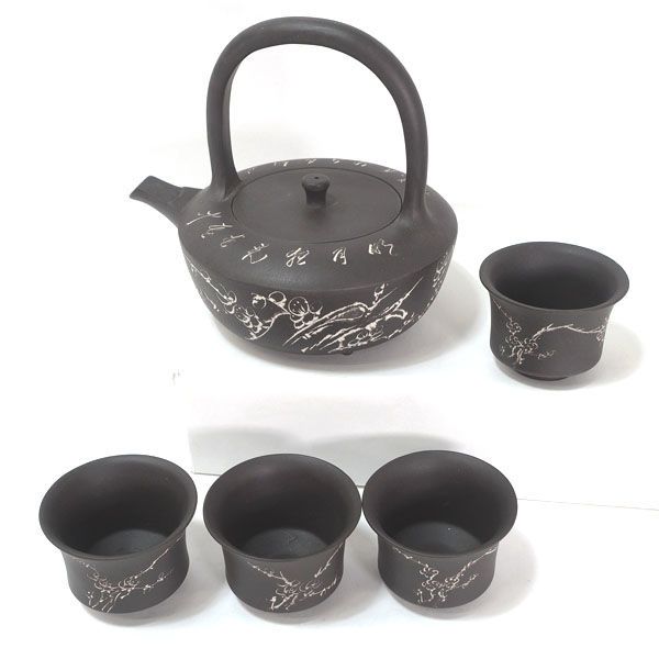 中国宣興 ◇【中国茶器】中国宣興/白梅 茶器セット（急須 湯呑4