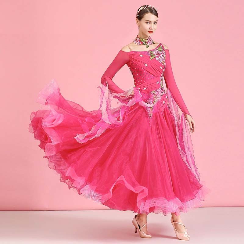 レディース 社交ダンス衣装 モダンドレス ワンピース キャミソール 長袖 上品 華やか キレイ ゴージャス 豪華 大会 競技用 ワルツ ラテンダンス ス 大きい裾 ローズピンク