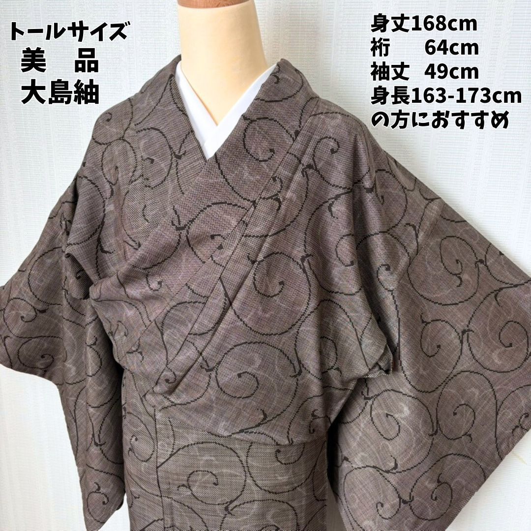 美品 トールサイズ 大島紬 小紋 ダークブラウン 唐草文様 身丈168cm
