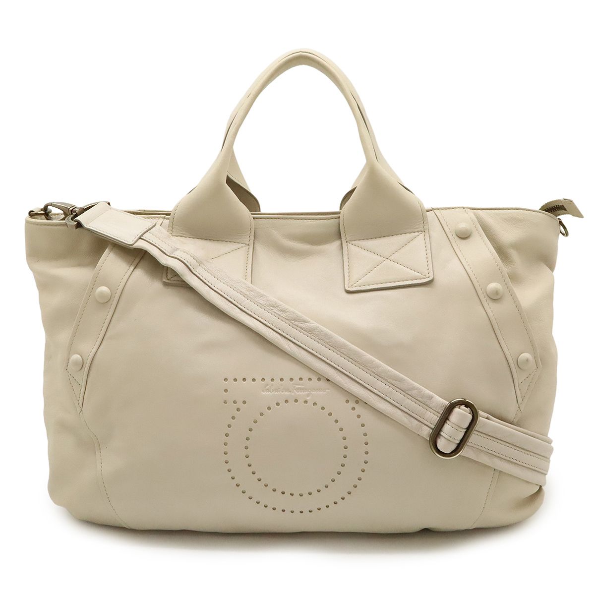 Salvatore Ferragamo サルヴァトーレ フェラガモ ガンチーニ パンチング トートバッグ ハンドバッグ 2WAYショルダー レザー アイボリー FJ-21 A727 Salvatore Ferragamo サルヴァトーレ フェラガモ ガンチーニ