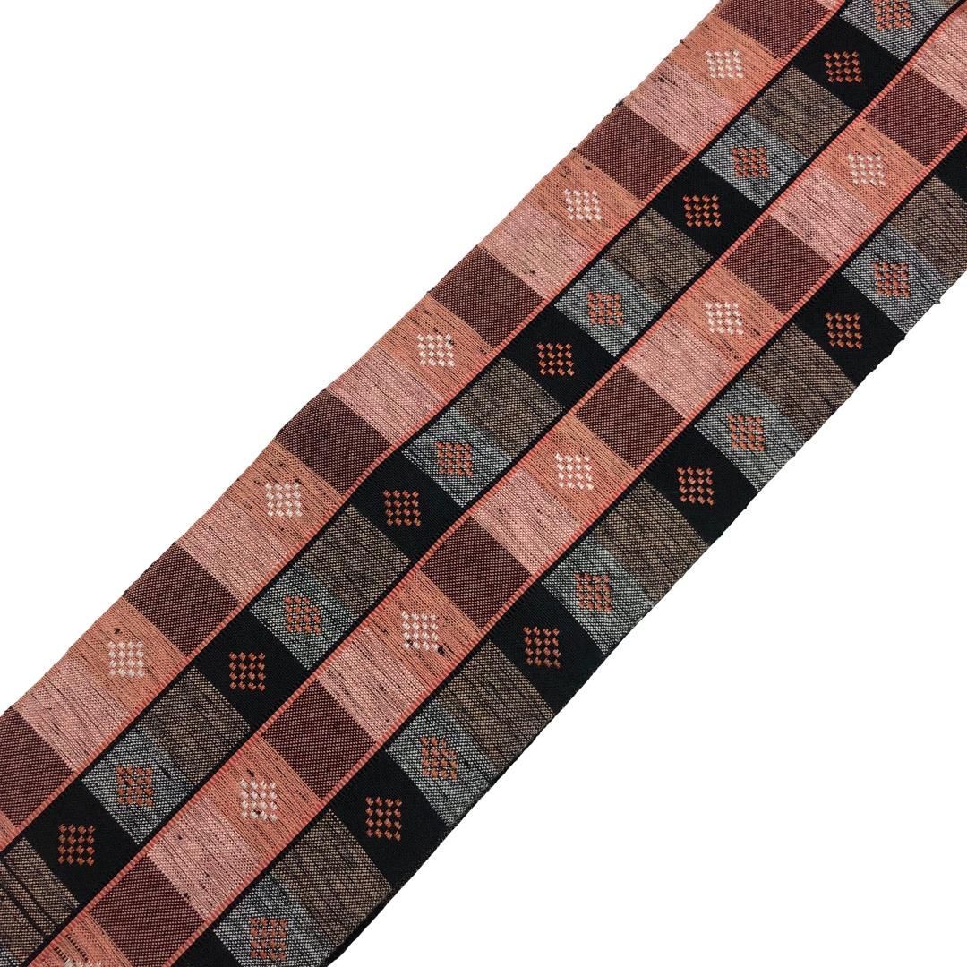 半幅帯 紬 格子に菱形織模様 珊瑚色 D-2116