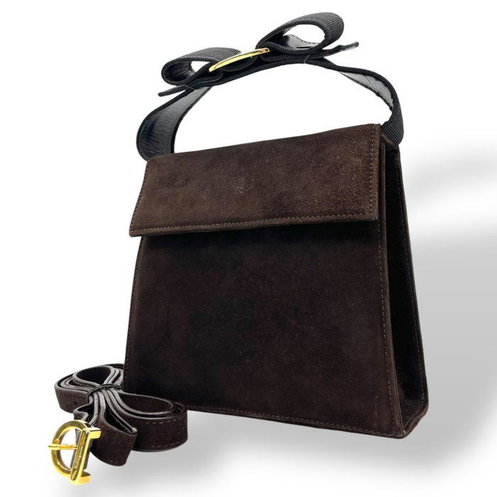 フェラガモ ヴァラリボン 2 WAY ハンドバッグ スエード レザー ブラウン ゴールド金具 ショルダーバッグ レディース z 1