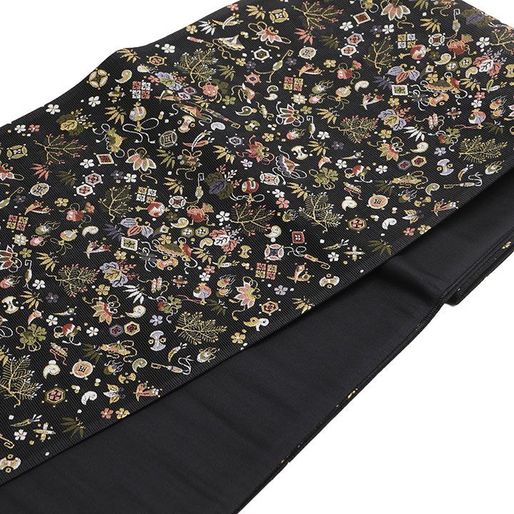 西陣山下織物謹製 正絹袋帯 黒地に宝尽くし お仕立て付き 約2～3週間で