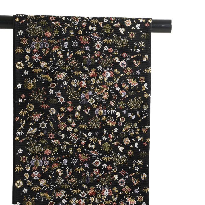 西陣山下織物謹製 正絹袋帯 黒地に宝尽くし お仕立て付き 約2～3週間で