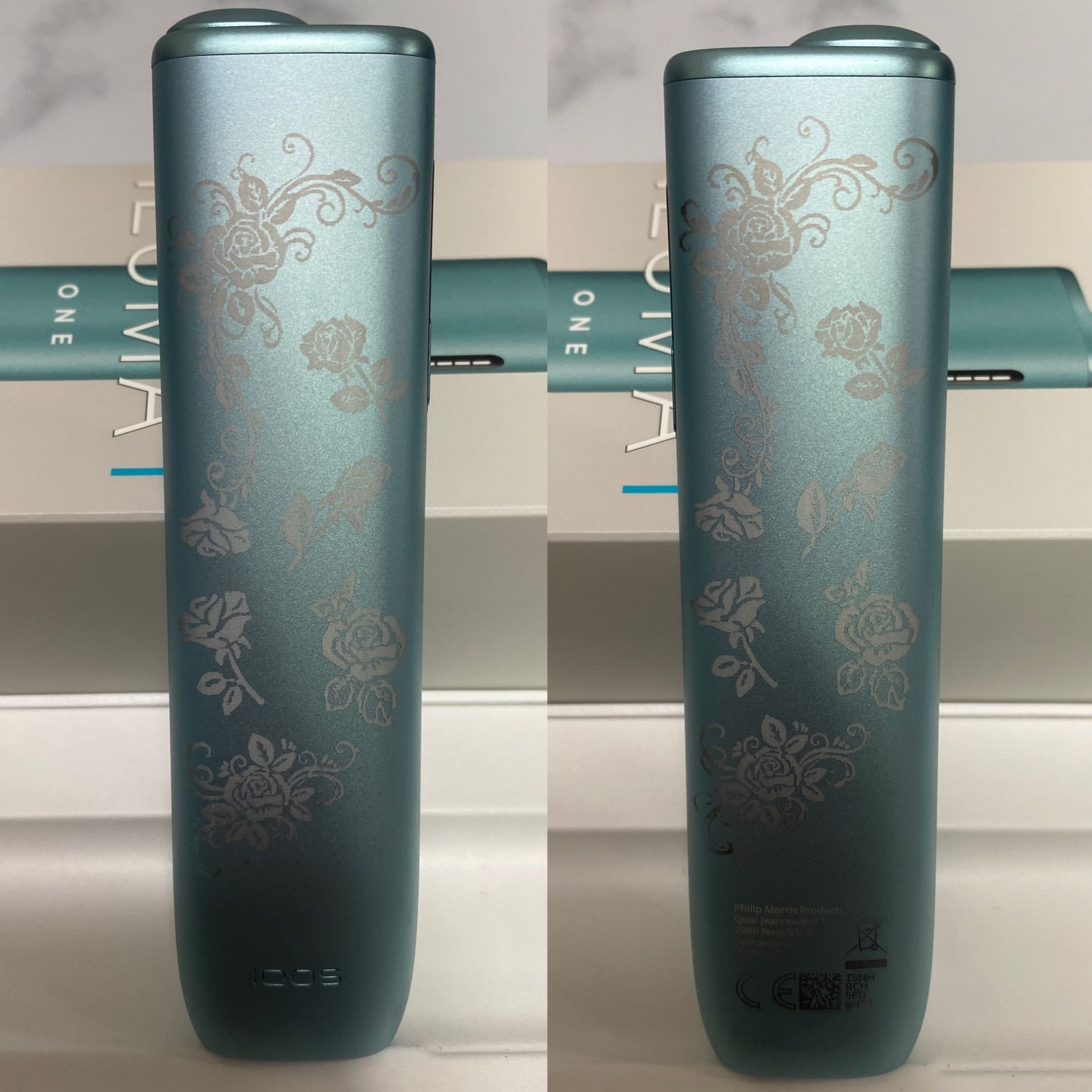 デザイン iQOS ILUMA i ONE アイコス イルマ ワン ブリーズブルー 青 薔薇 ローズ 華 花 両面加工 ♥ オリジナル カスタム