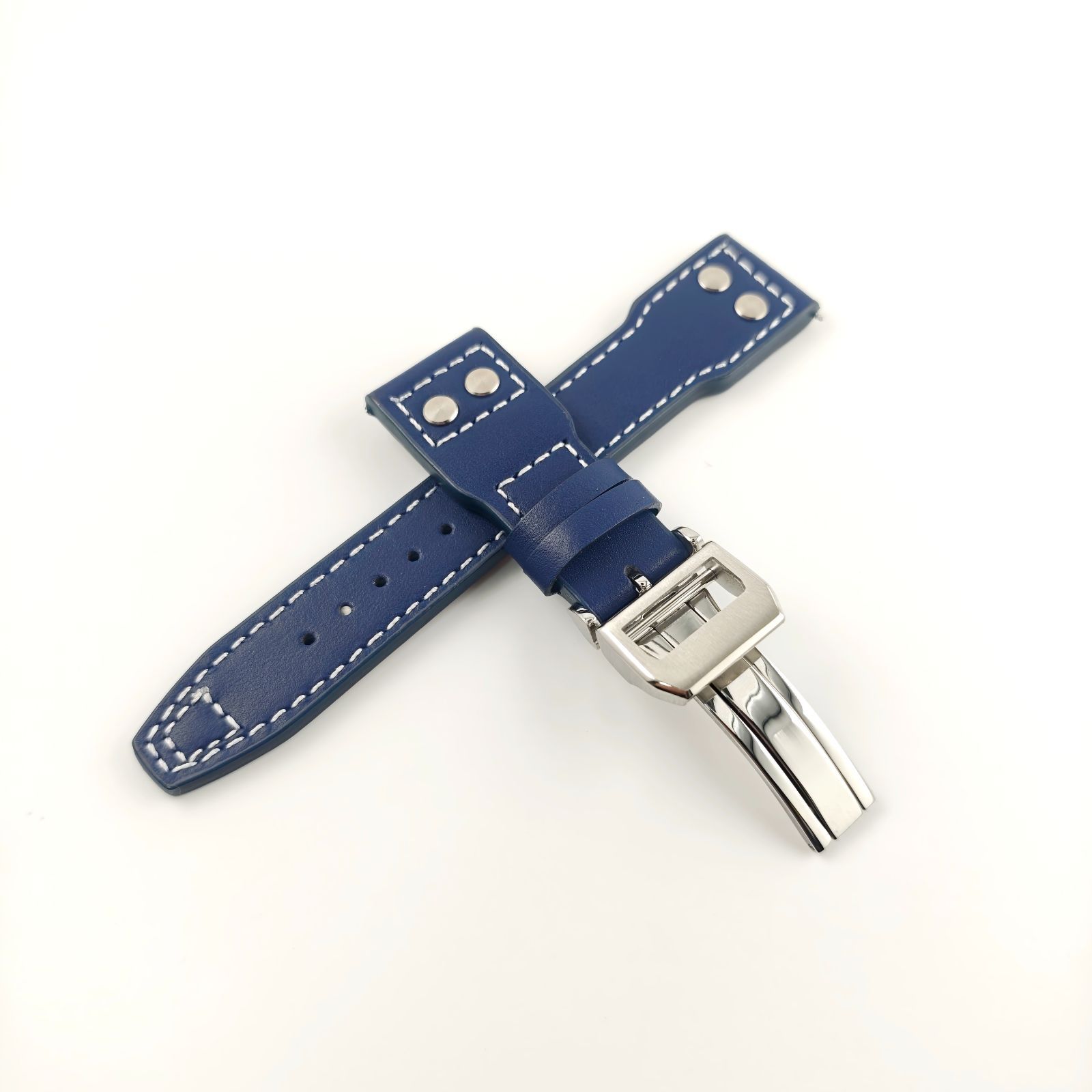 22mm 腕時計 カーフレザー 革ベルト ネイビーブルー Dバックル付