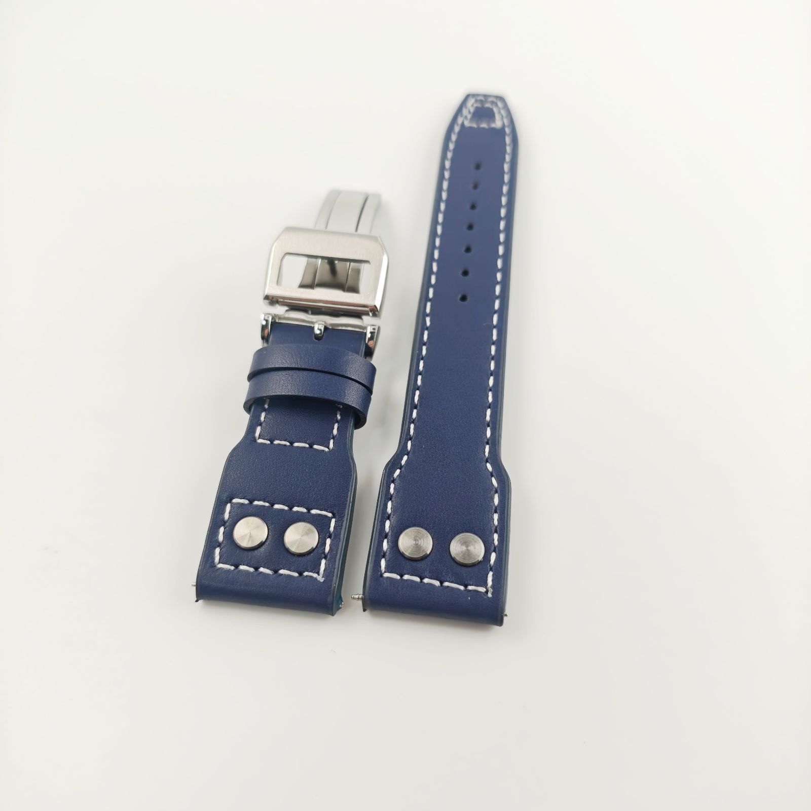 22mm 腕時計 カーフレザー 革ベルト ネイビーブルー Dバックル付