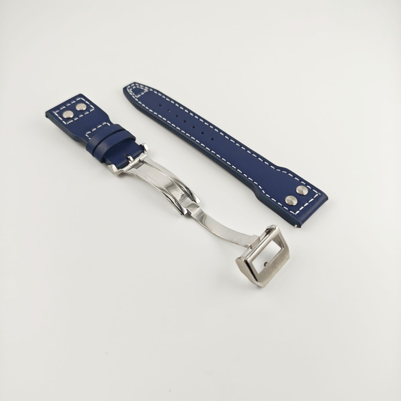 22mm 腕時計 カーフレザー 革ベルト ネイビーブルー Dバックル付