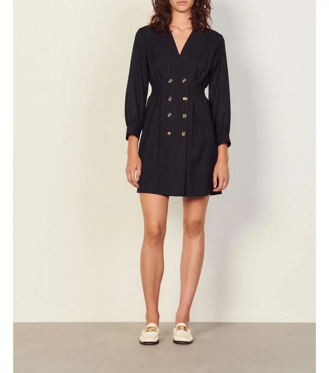  サンドロ ストライプ ONE PIECE 36 長袖 七分袖 ひざ丈ワンピース