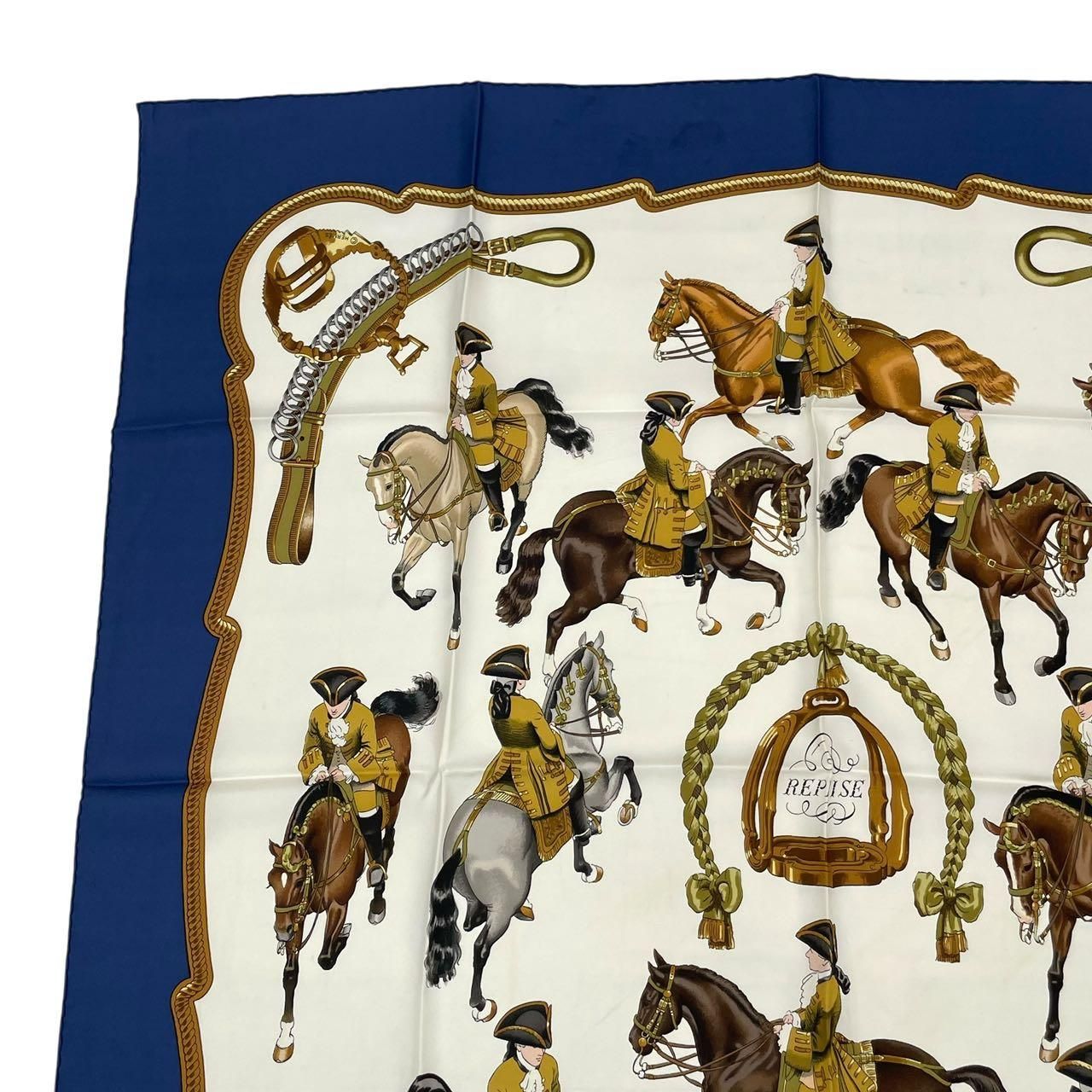 HERMES エルメス スカーフ シルク カレ90 REPRISE 乗馬風景 ネイビー