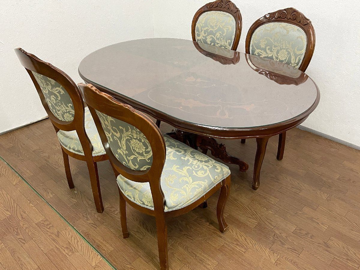 ●象嵌細工 イタリアンクラシック ダイニング5点セット ダイニング テーブル チェア4脚 4人用 食卓机椅子 英国アンティーク調 貝1395