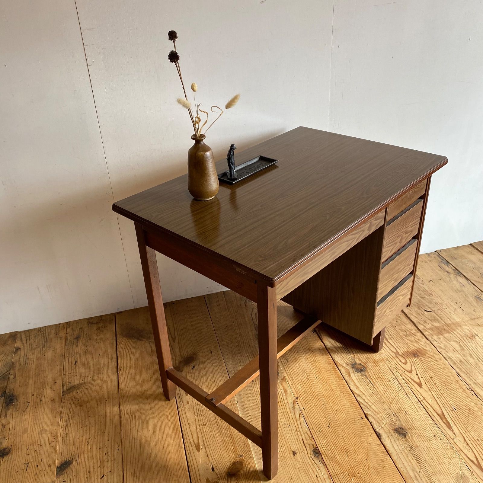 古家具 木製 片袖机 デスク 学習机 作業台 アンティーク レトロ y482