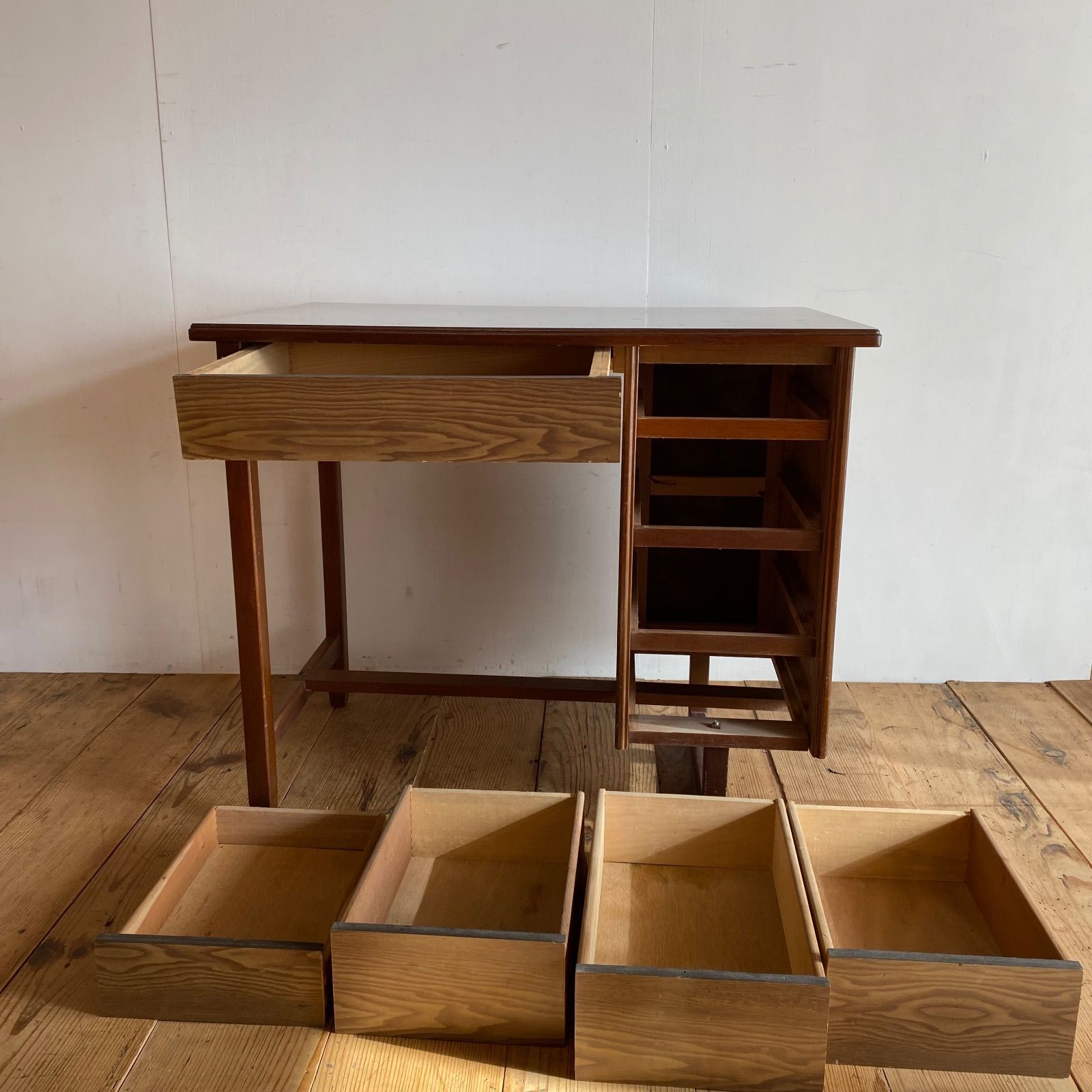 古家具 木製 片袖机 デスク 学習机 作業台 アンティーク レトロ y482