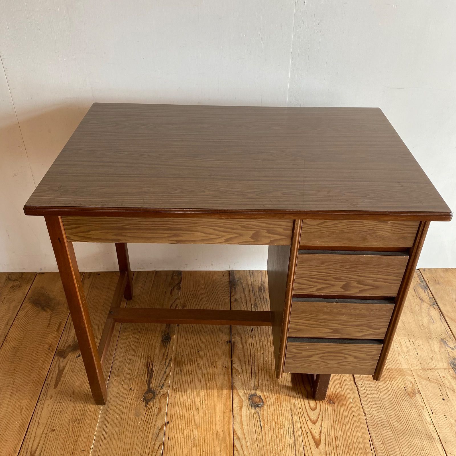 昭和レトロ 片袖 学習机 デスク 勉強机 古家具 アンティーク 古道具 昭和初期のアンティーク片袖机｜ケヤキ天板×ブナ脚・引き出し6