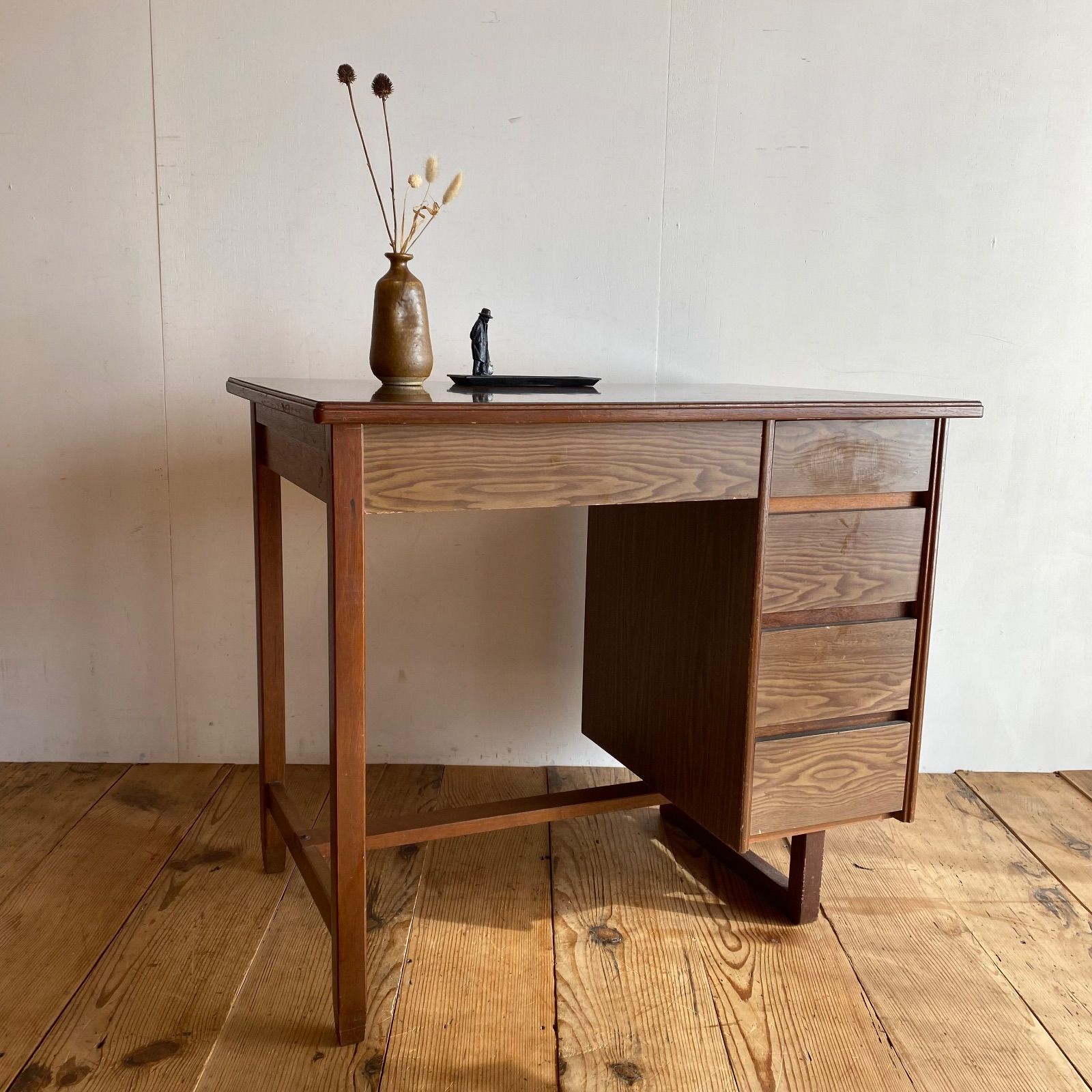 古家具 木製 片袖机 デスク 学習机 作業台 アンティーク レトロ y482