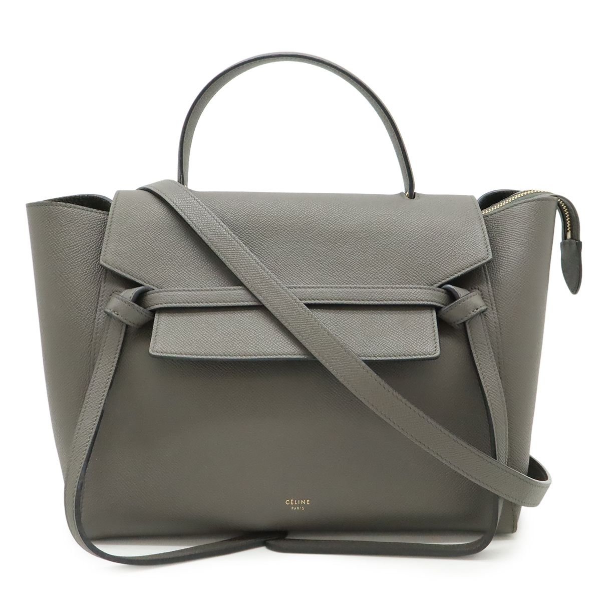 CELINE セリーヌ ベルトバッグ ミニ ハンドバッグ 2 WAY ショルダーバッグ セミショルダー 肩掛け レザー グレー ゴールド金具 176103