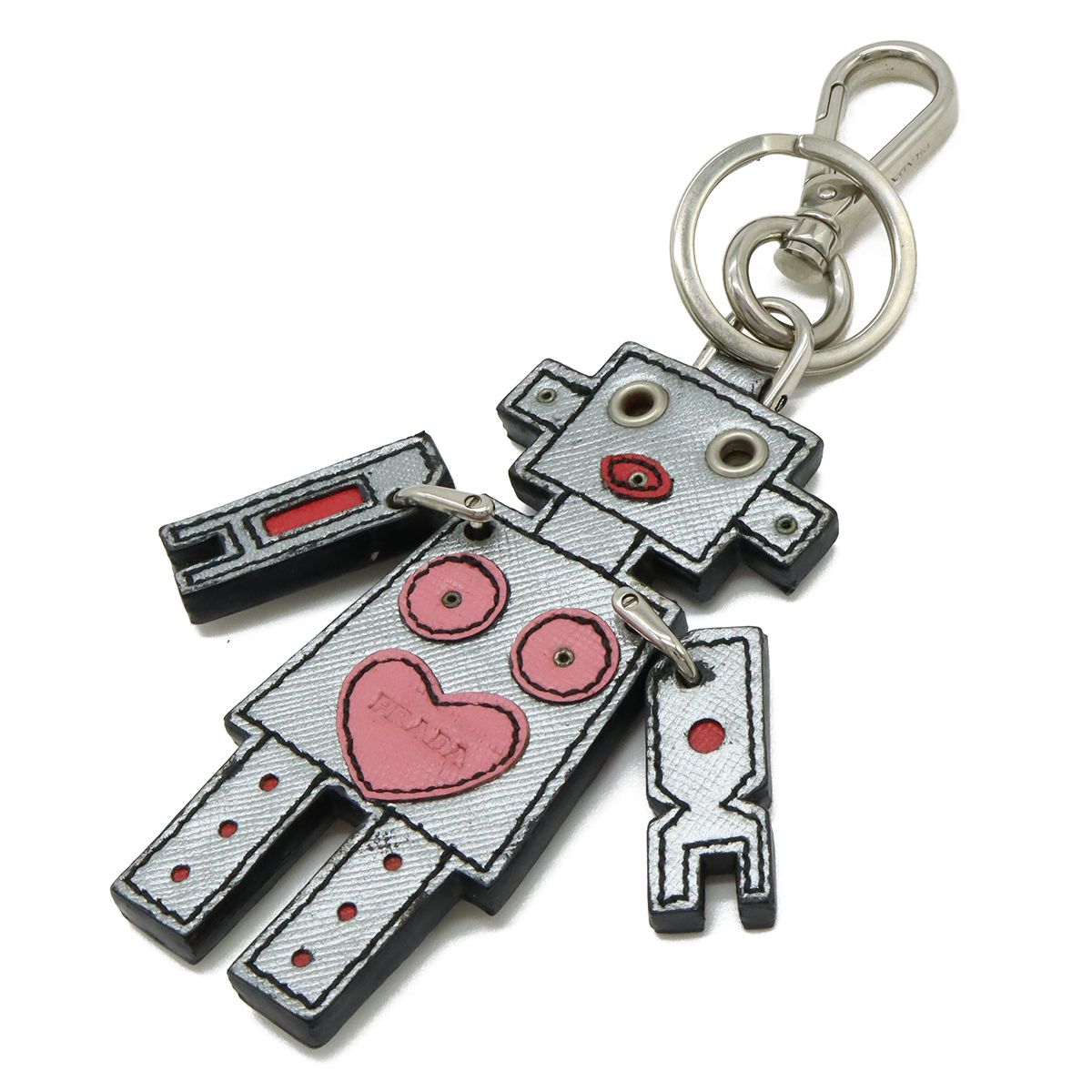 PRADA プラダ ロボット ハート キーホルダー バッグチャーム キーリング レザー メタリックシルバー ピンク レッド シルバー金具 1 AR 287