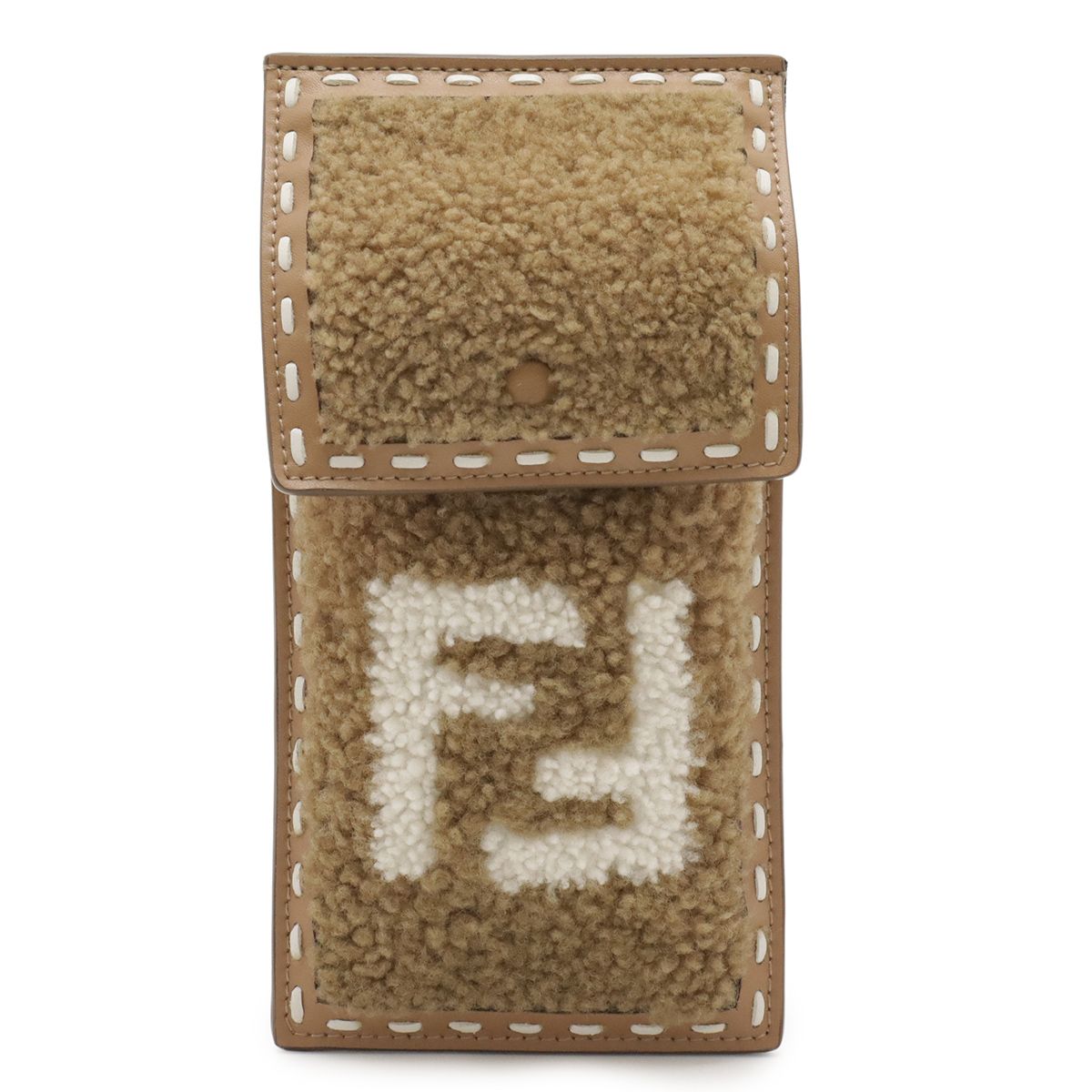 FENDI フェンディ FFロゴ フォンポーチ スマホポーチ スマホケース 携帯 ボア レザー ベージュ ホワイト ゴールド金具 7 AS 047