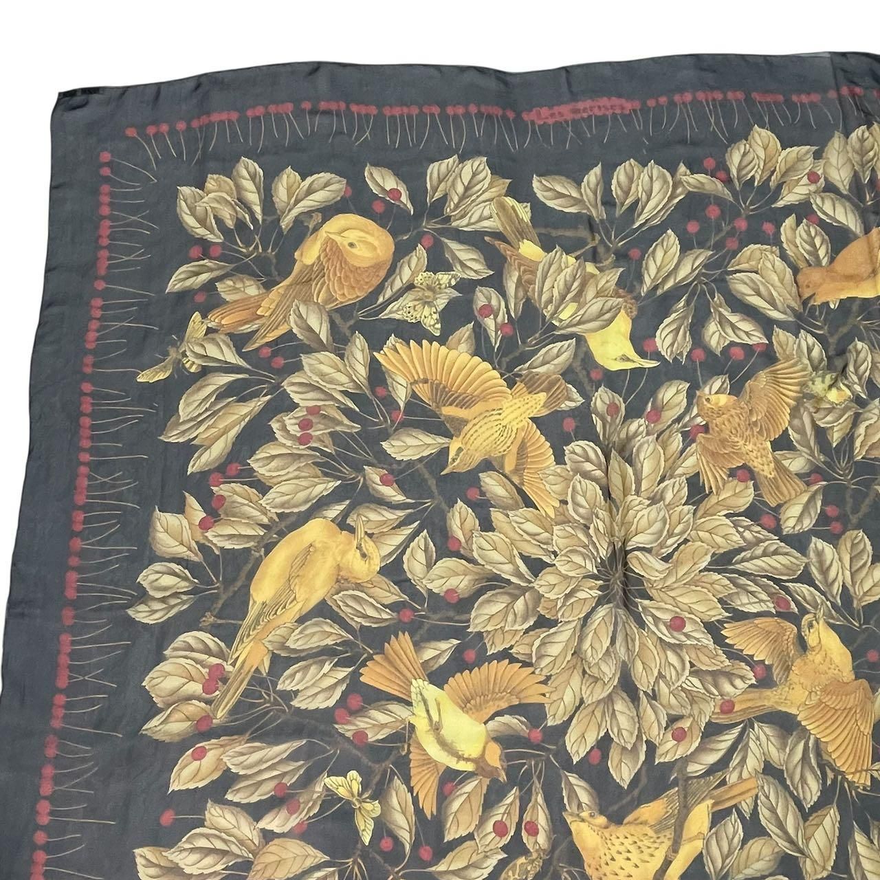 HERMES エルメス スカーフ シルク 大判 カレ140 Les merises さくらんぼ 鳥の宴 ブラック