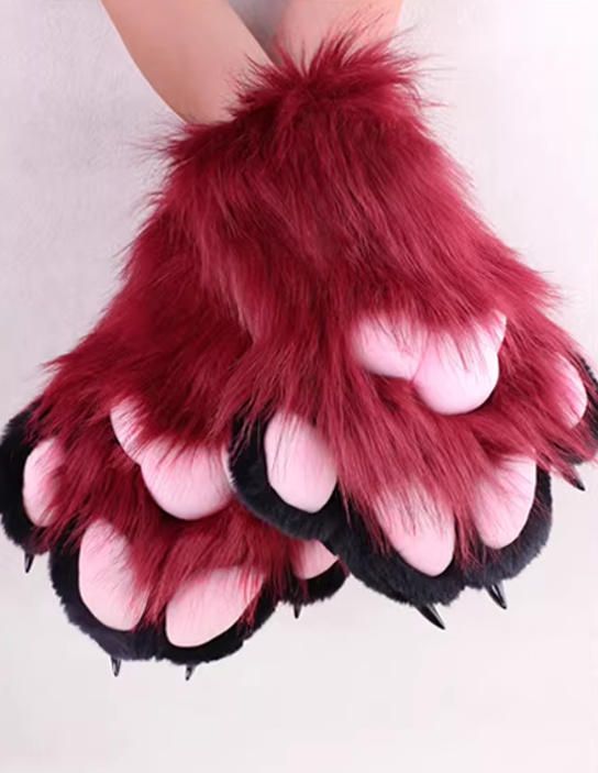 着ぐるみセット 手と足 赤 フリーサイズ 爪付き ケモノ足 手袋 ファー