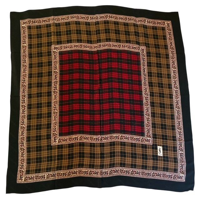 イヴサンローラン YvesSaintLaurent ペイズリーチェック柄 大判シルク