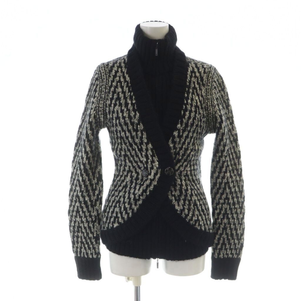 シャネル CHANEL ニット カーディガン ジャケット 長袖 ジップアップ ハイネック ウール モヘア アルパカ 36 S 黒 ブラック 白 ホワイト |MQ
