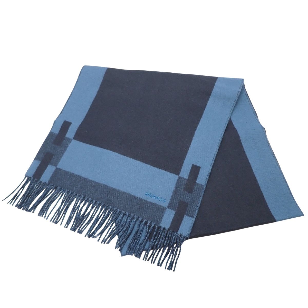 HERMES エルメス Hパッサン ブルー テュルカン マリン ブルー青 ネイビー紺 カシミヤ マフラー アパレル ファッション小物 ストール ロゴ刺繍 レディース アラモード