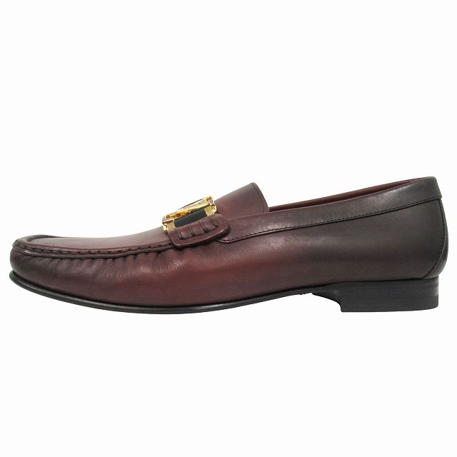 ♥ ルイヴィトン LOUIS VUITTON LVロゴ金具 レザー ドレス シューズ ローファー 革靴 7 26 cm レッドブラウン 赤茶系 ゴールド メンズ 12