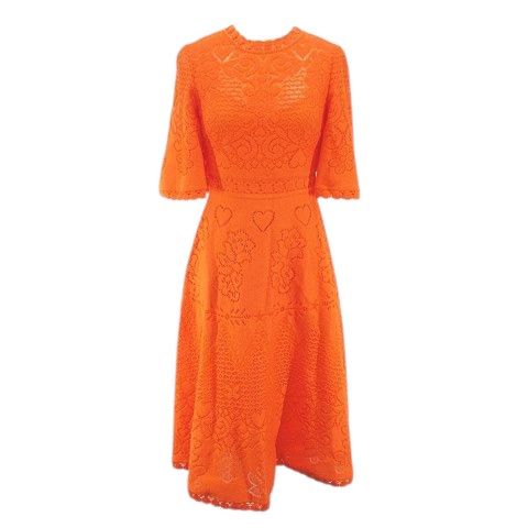 ヴァレンティノ ヴァレンチノ 総レース 五分袖 膝丈 フ ワンピース 36 オレンジ系 イタリア製 刺繍 裏地 総柄