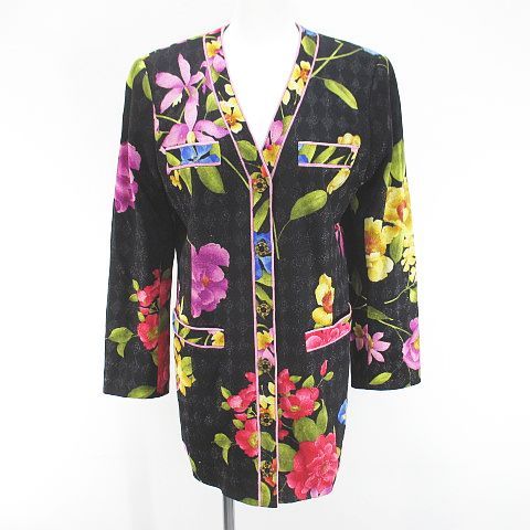 レオナール LEONARD 花柄 フラワー ノーカラージャケット ミディアム丈 9 AR 黒系 ブラック 日本製 毛 ウール 裏地