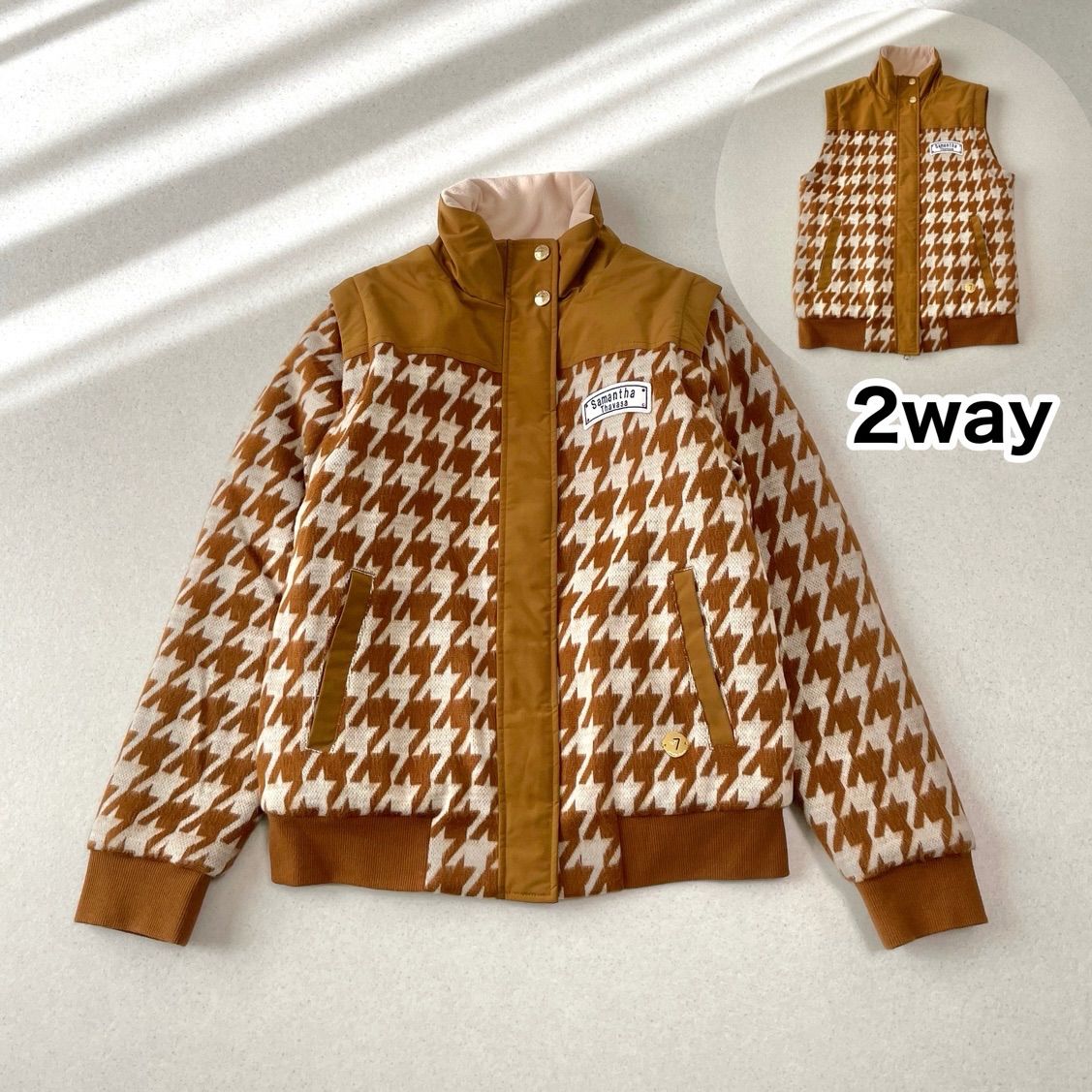 Samantha Thavasa No.7 | サマンサタバサ シャギージャガード 中綿入り 2 WAY ジャケット ブルゾン ベスト ゴルフウェア Sサイズ 千鳥 ハウンドトゥース柄 ロゴ刺繍 ベージュ