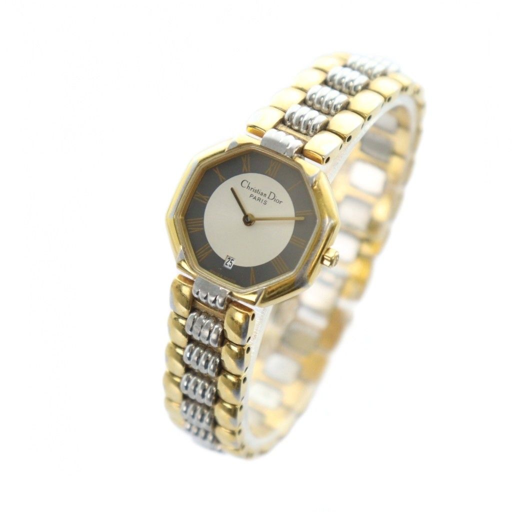 クリスチャンディオール Christian Dior D 48-133 腕時計 ウォッチ クォーツ オクタゴン デイト カレンダー付き ローマン シルバー色 ゴールド色 GY 18 |MQ OH