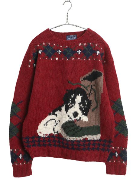 80 s ウールリッチ デザイン ウール 二ット セーター レディース L 程 古着 ヴィンテージ ドッグ ブーツ 絵柄 バーズアイ 総柄 ノルディック