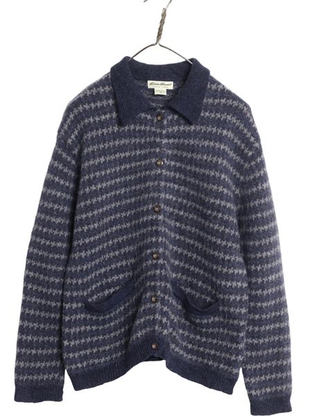 な ! 90 s エディーバウアー ニット カーディガン レディース M オールド ウール セーター ノルディック フェアアイル 総柄 前開き 重ね着 襟付き