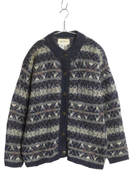 な ! 90 s エディーバウアー ニット カーディガン レディース M オールド ウール セーター ノルディック フェアアイル 総柄 前開き 重ね着