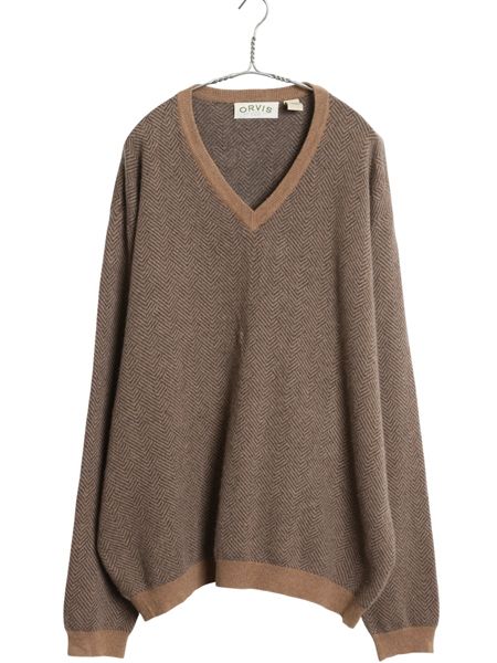 な ! 00 s オービス Vネック ニット セーター メンズ XXL | オールド カシミヤ 大きいサイズ ハイゲージ ヘリンボーン ストライプ シンプル
