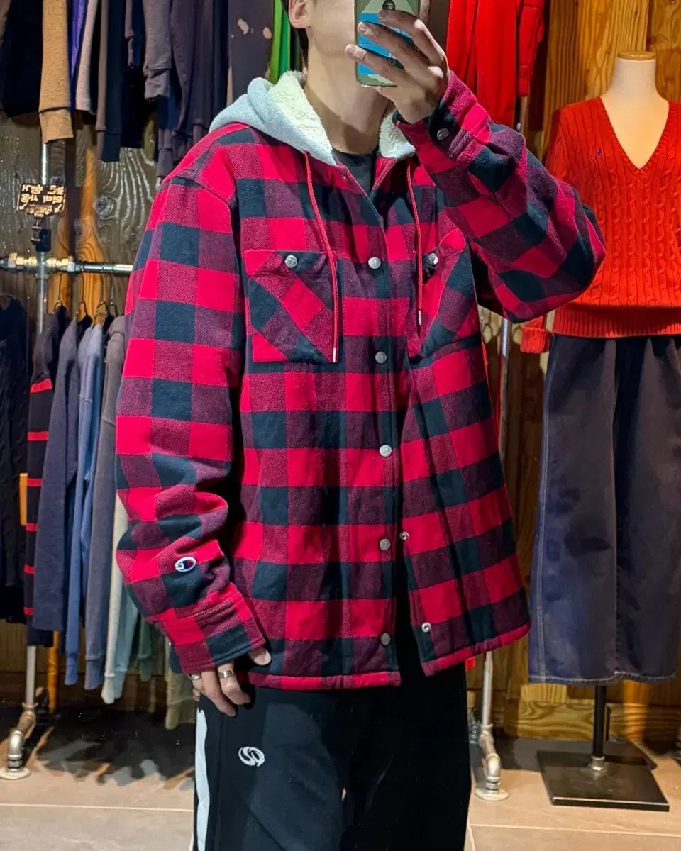 XL Champion VIXX Spelling タータンチェック シェルパ フーディー レイヤリング ジャケット