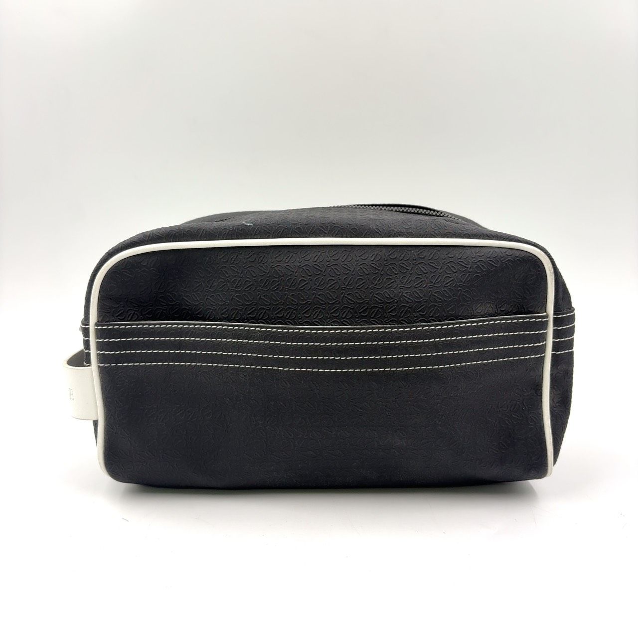 LOEWE アナグラム ロゴ セカンドバッグ レザー×ナイロン ブラック×ホワイト クラッチバッグ シルバー