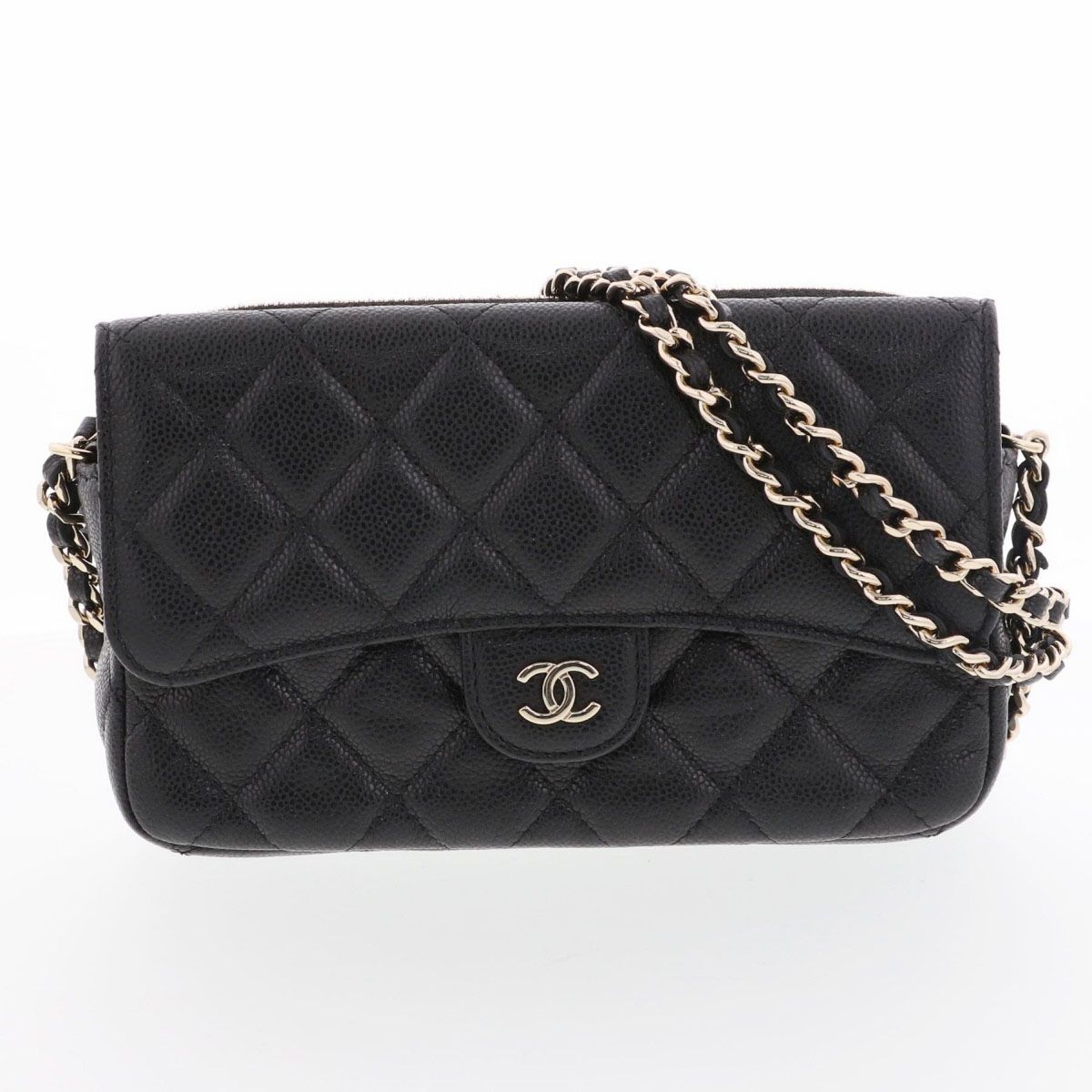 CHANEL シャネル マトラッセ フラップ フォンケース ショルダーバッグ AP 2096 レディース キャビアスキン ブラック ゴールド金具