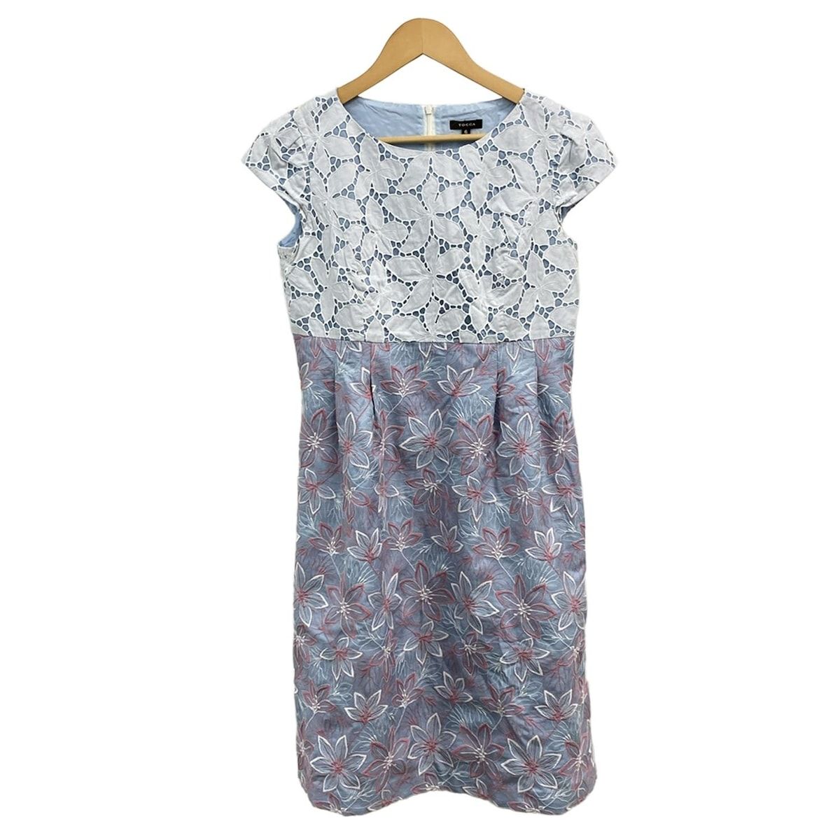 TOCCA トッカ ワンピース サイズ6 M レディース - ライトブルー×ピンク×白 クルーネック|半袖|ひざ丈|刺繍|フラワー 花