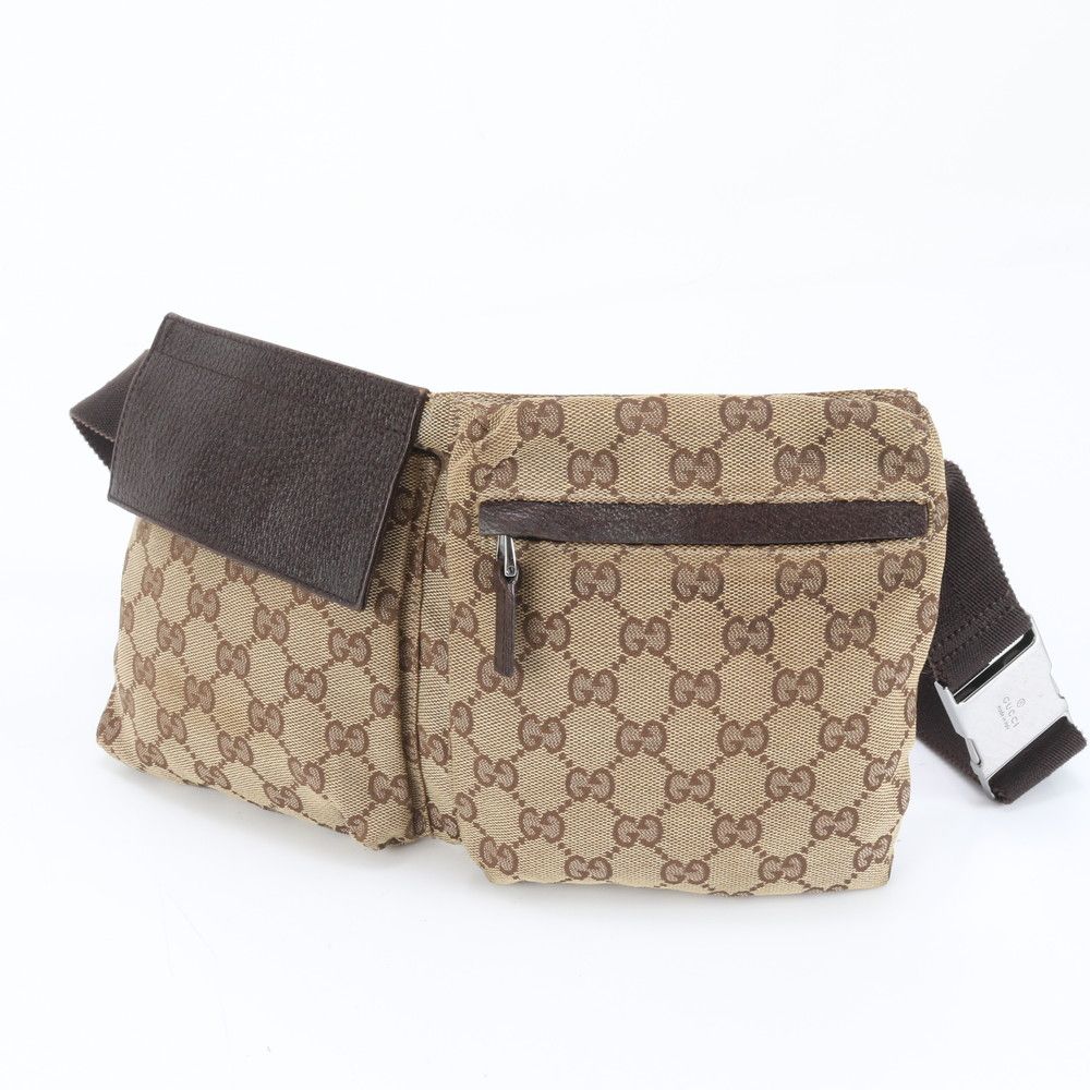 グッチ GGキャンバス 28566 レザー ボディバッグ 斜め掛け ボディ ウエストポーチ 本革 ブラウン 茶色 メンズ EUM DH 12-10