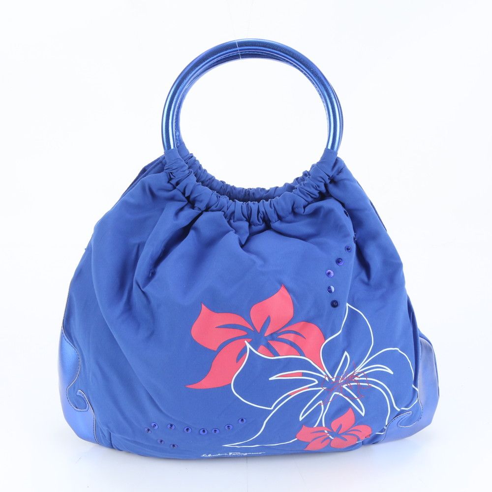 サルヴァトーレフェラガモ ブルー 花柄 レザー ナイロン ハンドバッグ トート レディース RUM DH 12-6