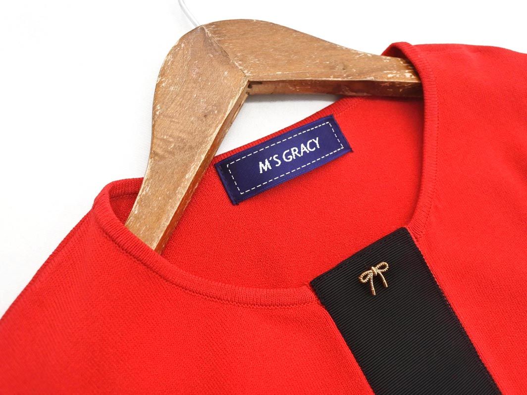 エムズグレイシー カーディガン 38 赤×黒リボン 金ボタン風 スナップ